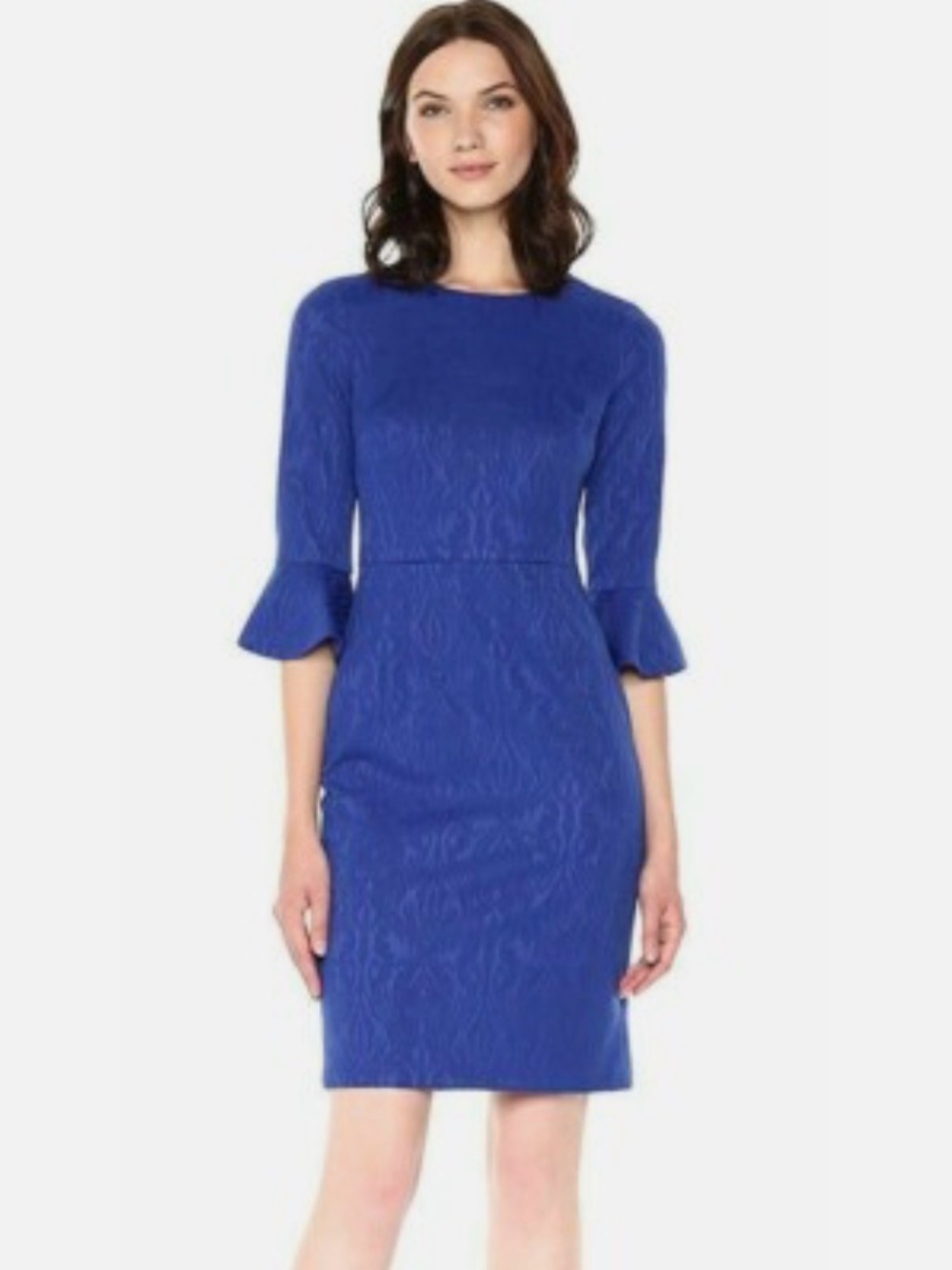 Donna Morgan Cobalt Blue Jacquard Sheath Dress with 3/4 Bell Sleeves 153702